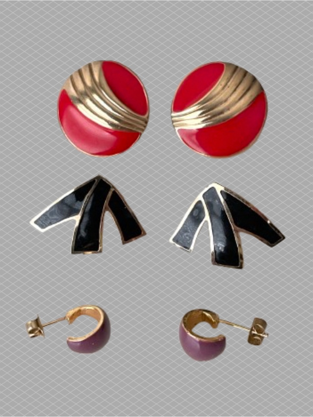Lot of 3 pairs of vintage goldtone & enamel post earrings red black purple